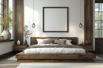 Modern bedroom interior design with a neutral color palette.