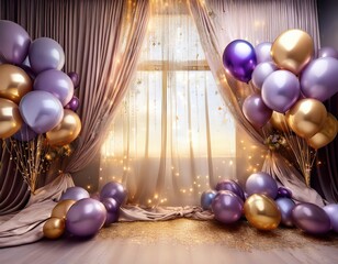 Festive Birthday Party Decorations Purple and Gold Balloons near Window with Sheer Curtains