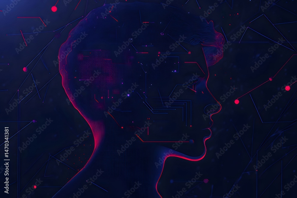 Aufkleber 青と赤のネオンラインで表されたaiの概念的な側面図 暗い背景に照らされたデジタル思考の抽象的な人間の顔