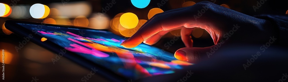 Poster A hand interacts with a illuminated tablet computer display