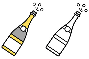 Two champagne bottles are popping, with bubbles flowing out of the bottle opening