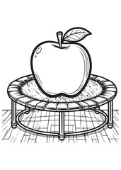 Coloring book apple sitting on a trampoline, ready for some fun coloring education for kid 