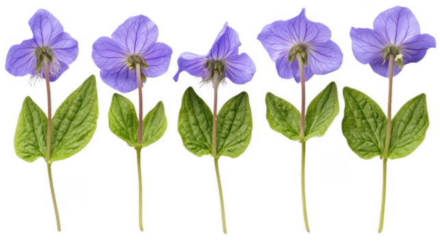 Elegant five wood violet flowers arranged with transparent background
