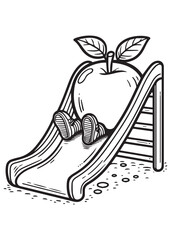 Coloring book kawaii apple going down a playground slide