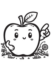 Coloring book apple pointing upwards in a garden with flowers and grass.