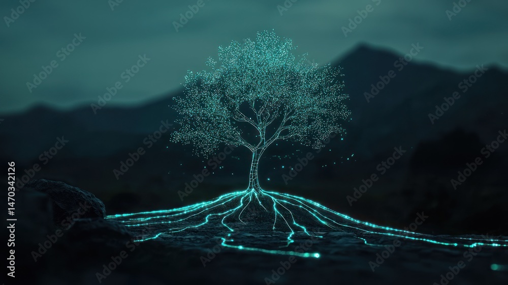 Poster Glowing digital tree displaying roots and branches in the landscape