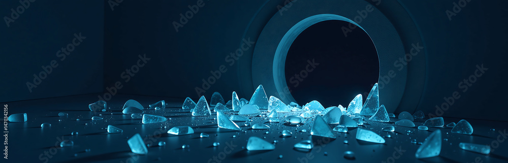 Poster shards broken glass scattered dark background illuminated small circular light within nearby