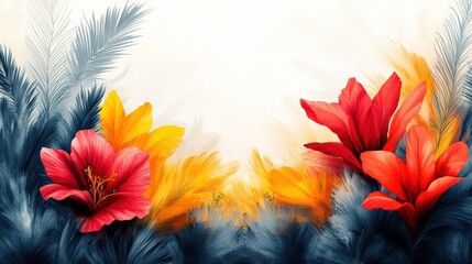 Vibrant floral composition with red and yellow flowers against a soft background