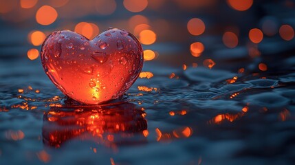 Heart-shaped glass glows softly on water, surrounded by warm lights