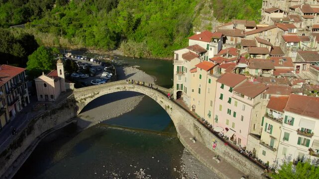 Aerial view above the Italian village of Dolceacqua in northern Italy