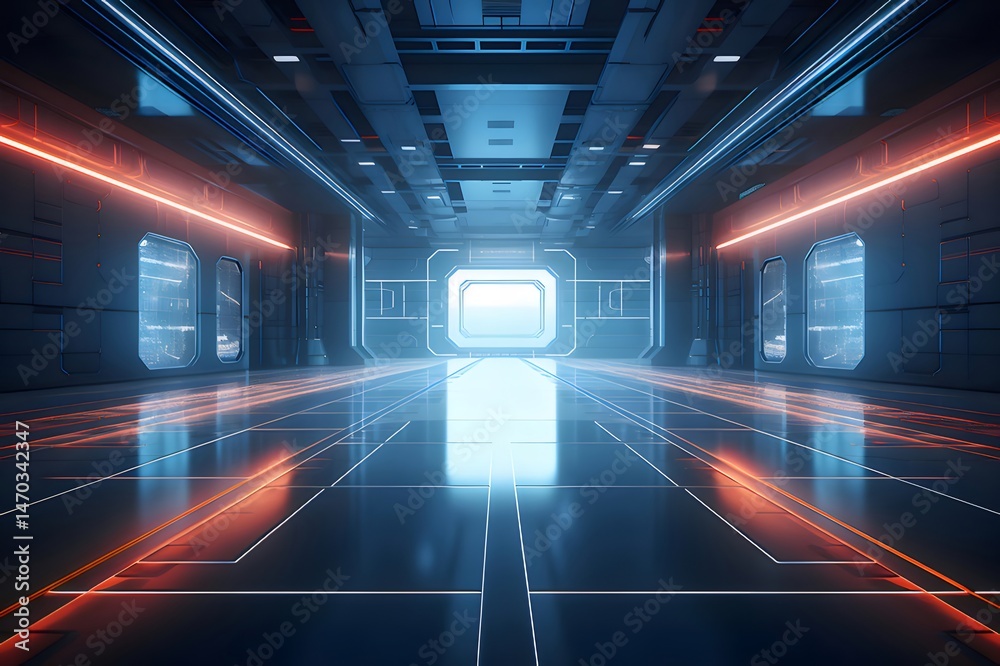 Poster 未来的な宇宙船のインテリアの青とオレンジ色の照明を持つハイテク廊下 テクノロジーと未来的な背景デザイン