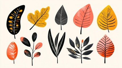 Autumnal leaf illustrations in various colors and styles