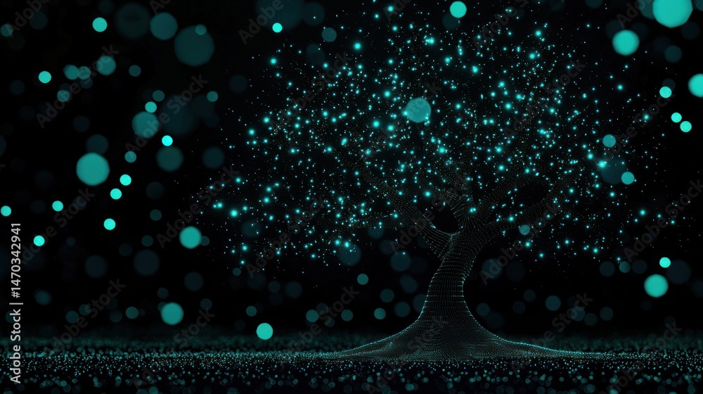 Poster a digitally rendered glowing tree against a dark background appears