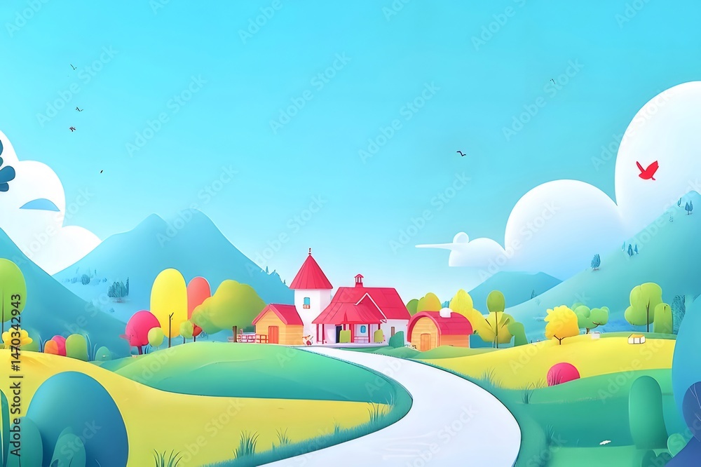 Aufkleber 緑の丘と赤い屋根の家がある漫画スタイルの田舎風景 農村の家々 山々 青い空 明るい屋外のシーンでイラストレーション