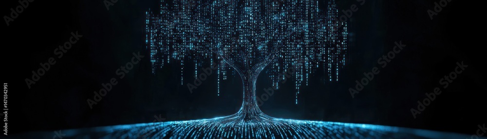Poster A digital tree comprised of data and glowing binary code elements