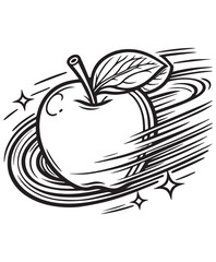 Coloring book apple surrounded by swirling lines and sparkling stars,