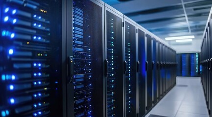 Bright modern data center with multiple black server cabinets, great for IT infrastructure, AI services, and enterprise cloud database concepts