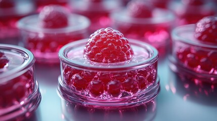 Fresh raspberries in transparent containers with bright pink gel
