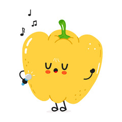 This charming Yellow Bell Pepper character is joyfully singing with a microphone and musical notes.