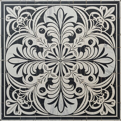Cracked Black and White Marble Tile with Intricate Floral Design