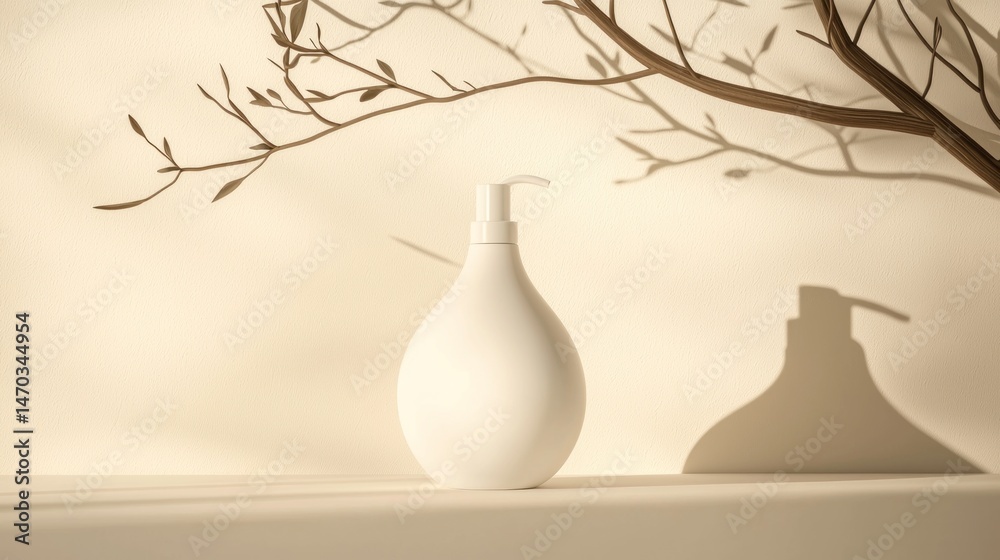 Poster a white bottle with a pump under tree branch shadows