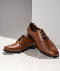 pair of brown shoes on white surface
