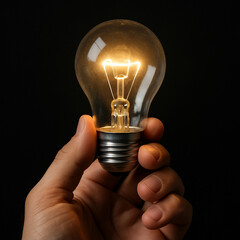 A person's hand holds a glowing light bulb against a dark background, symbolizing ideas and energy.