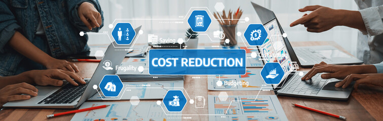 Panorama shot analyst team utilizing BI Fintech to analyze financial report with laptop....