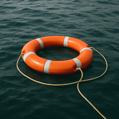 An orange lifebuoy with a rope floats on open water, waiting to be used.