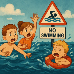  Children found themselves in a dangerous situation, swimming in a place marked with a "No Swimming" sign.