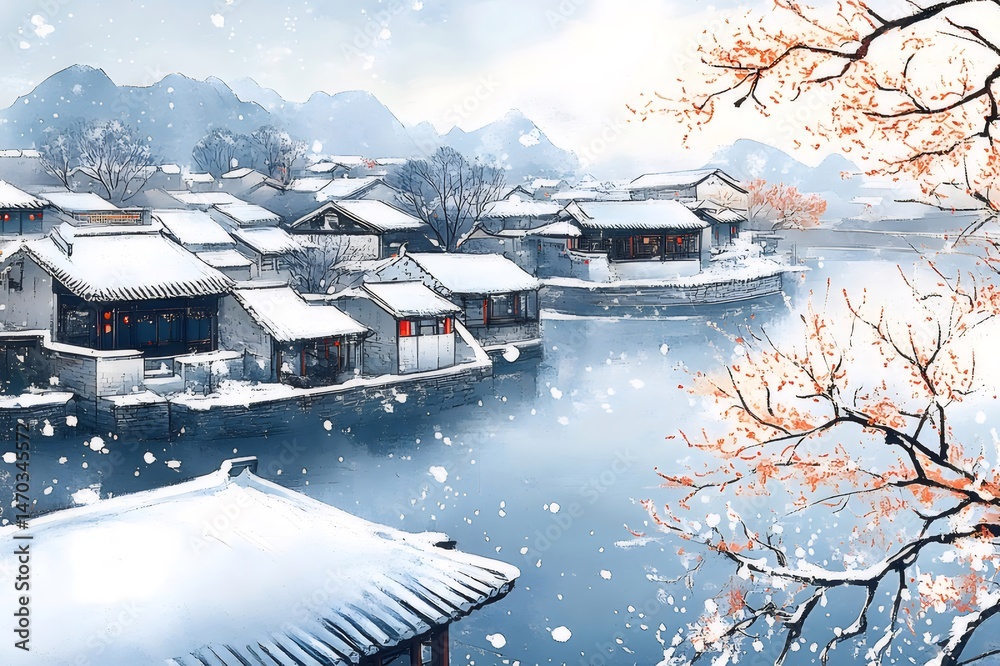Poster 雪に覆われた村 水彩画の冬の風景 アジアの伝統的な建築 木々の枝 湖の穏やかな水面 静かで平和な雰囲気