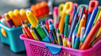 Colorful school supplies in plastic containers