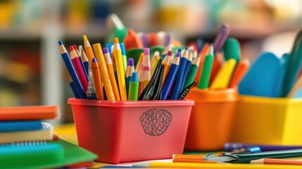 Colorful school supplies in containers