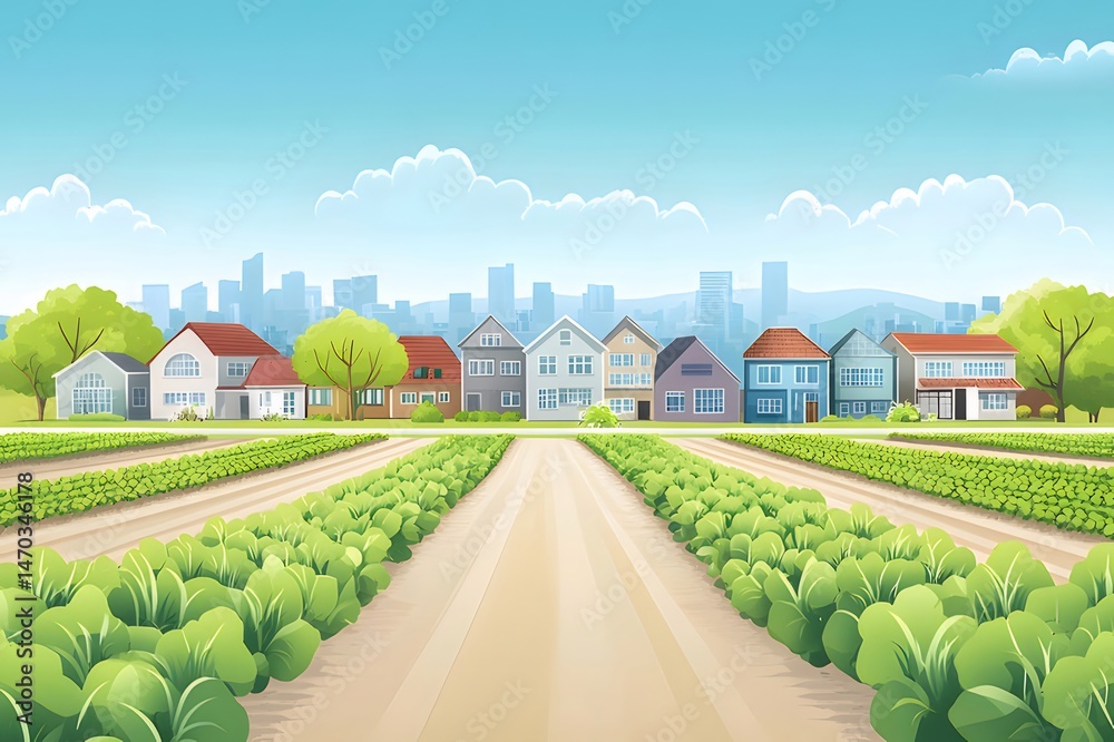 Poster 都市のスカイラインを背景にした郊外の住宅と緑豊かな農地の風景 ベクターイラスト