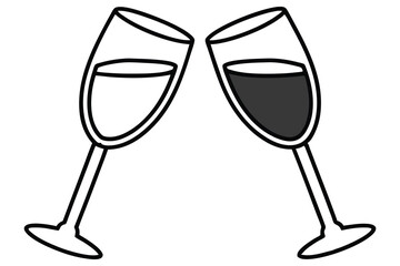 Two champagne glasses, one holding white wine and another red, touch in a toast