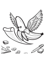 Coloring book banana with wings writing on a long scroll with a pen and inkwell nearby. 