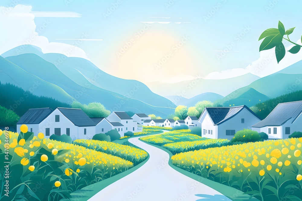 Aufkleber 青い空と黄色い花の咲く村へ続く道 山々の背景 夏の日の穏やかな風景
