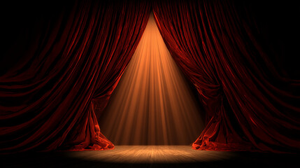 Red velvet curtains pulled back to reveal a lit stage, creating a dramatic and theatrical scene ideal for presentations or announcements