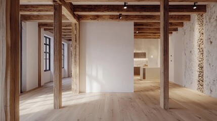 Spacious, modern loft interior design with exposed beams.