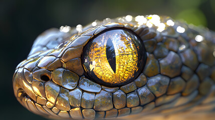 Fototapeta premium Captivating Serpent's Gaze: A mesmerizing close-up captures the intense, golden eye of a serpent, its intricate scales gleaming with a subtle iridescence, revealing a glimpse into the wild.