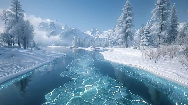 Winter stream snowscape nature scene footage