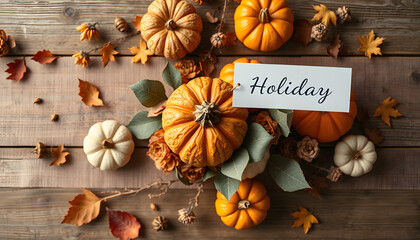 Rustic mockup with autumn table decoration.  Floral interior decor for fall holidays with handmade pumpkins. Holiday greeting card. Flatlay, top view, dramatic. White tone