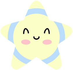 Illustration of a cute smiling yellow starfish with white stripes.