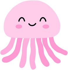 Adorable Pink Cartoon Jellyfish with a Sweet Smile and Rosy Cheeks, a Charming Illustration Ideal for Children's Books, Marine Life Education, and Cute Aquatic Designs