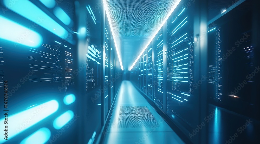 Aufkleber futuristic corridor of a data center with glowing blue server panels and abstract digital patterns, 