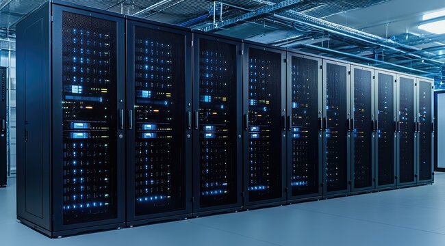 Large secure server room with high-performance racks and glowing lights, highlighting technology and data infrastructure for IT and cloud-based services