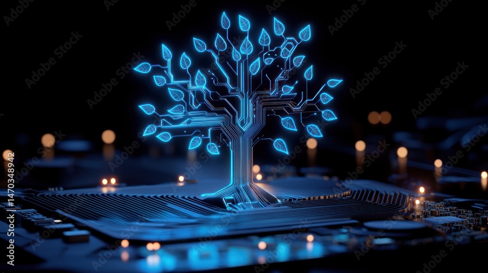 Poster a vibrant electronic circuit tree glows brilliantly against a dark backdrop