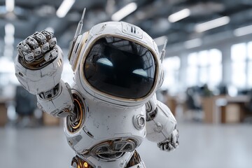 In an office, a robot AI agent celebrates victory, signifying the future of automation and agentic autonomy. Generative Ai