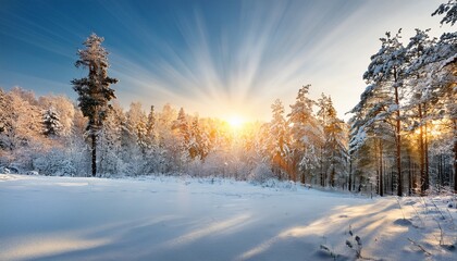 Fototapeta premium beautiful snowy winter landscape with forest and sun winter sunset in forest sun shines through trees covered snow
