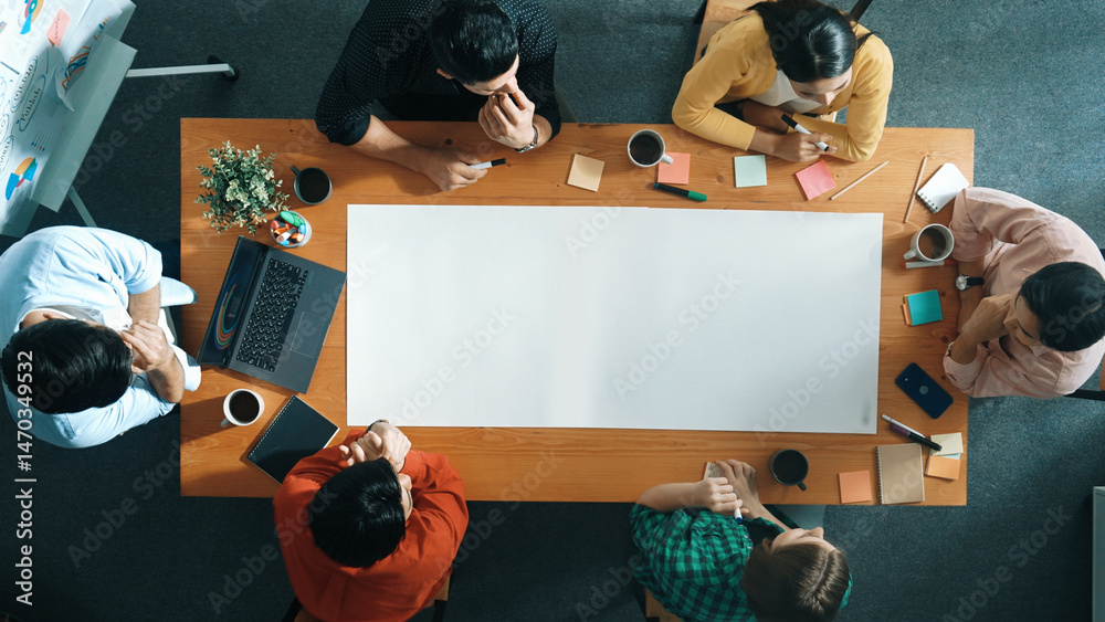 Wall mural top view of diverse group walking at boardroom and brainstorming idea. smart startup team sharing ma